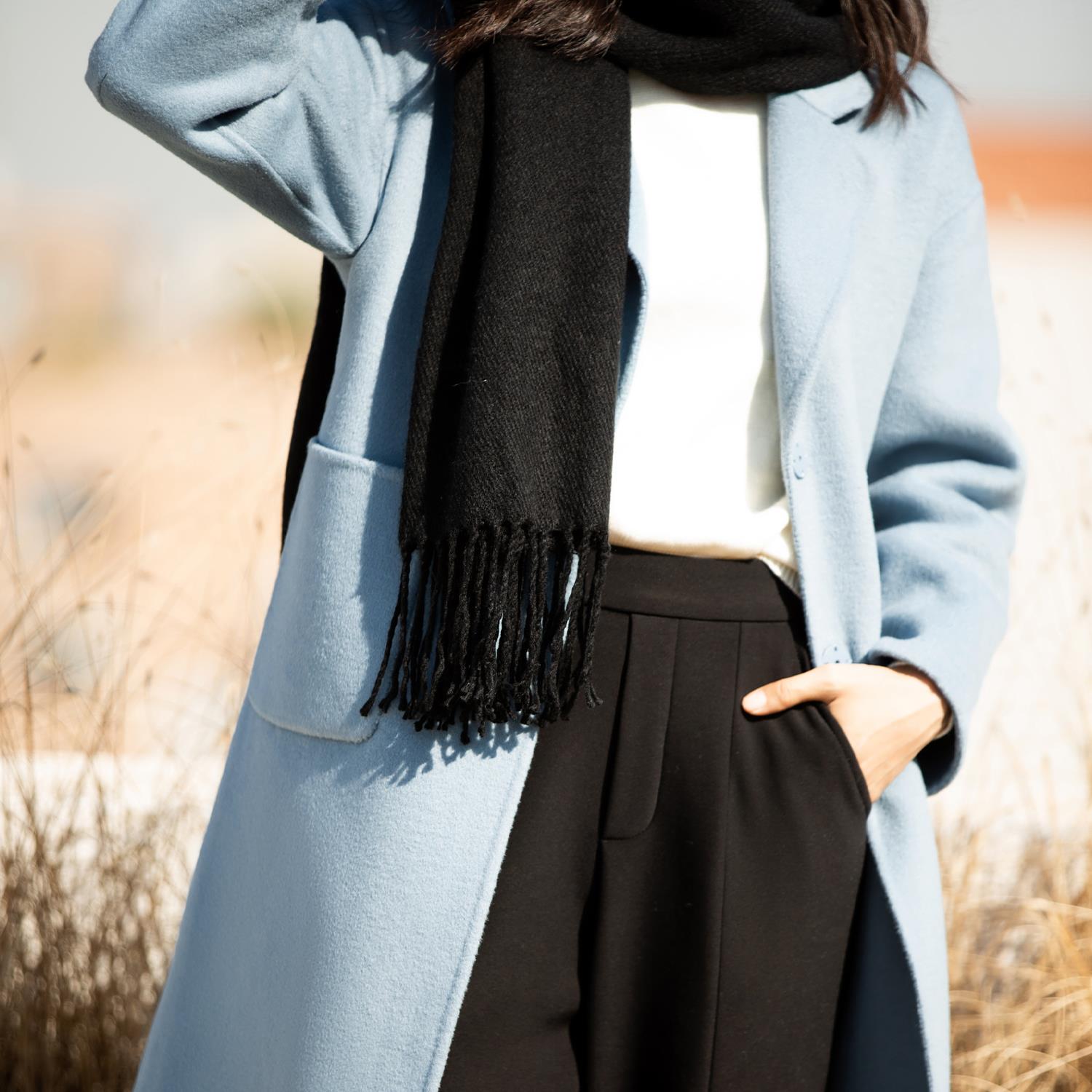 断码1404 蓝色长款气质垂感大口袋长袖羊毛双面呢大衣外套 MTEH21