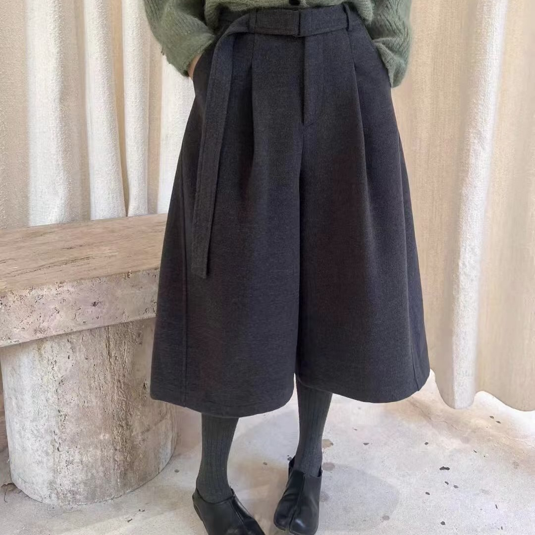 （小清家）冬季新款高腰加绒加厚毛呢垂感显瘦休闲八分阔腿裤