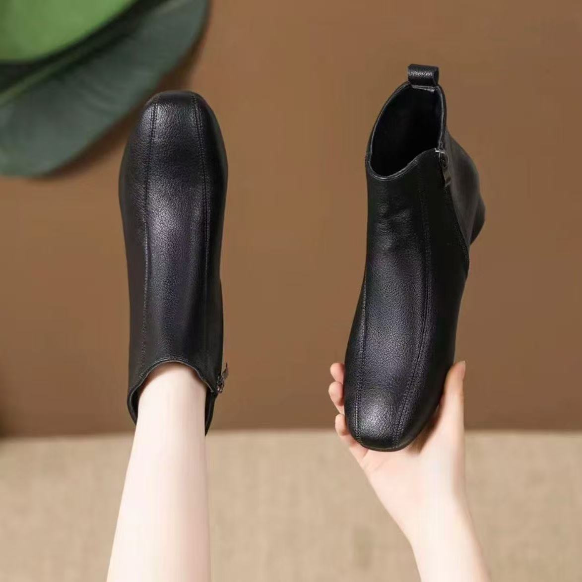 软底侧拉链粗跟短靴复古英伦风法式舒适百搭皮靴方头