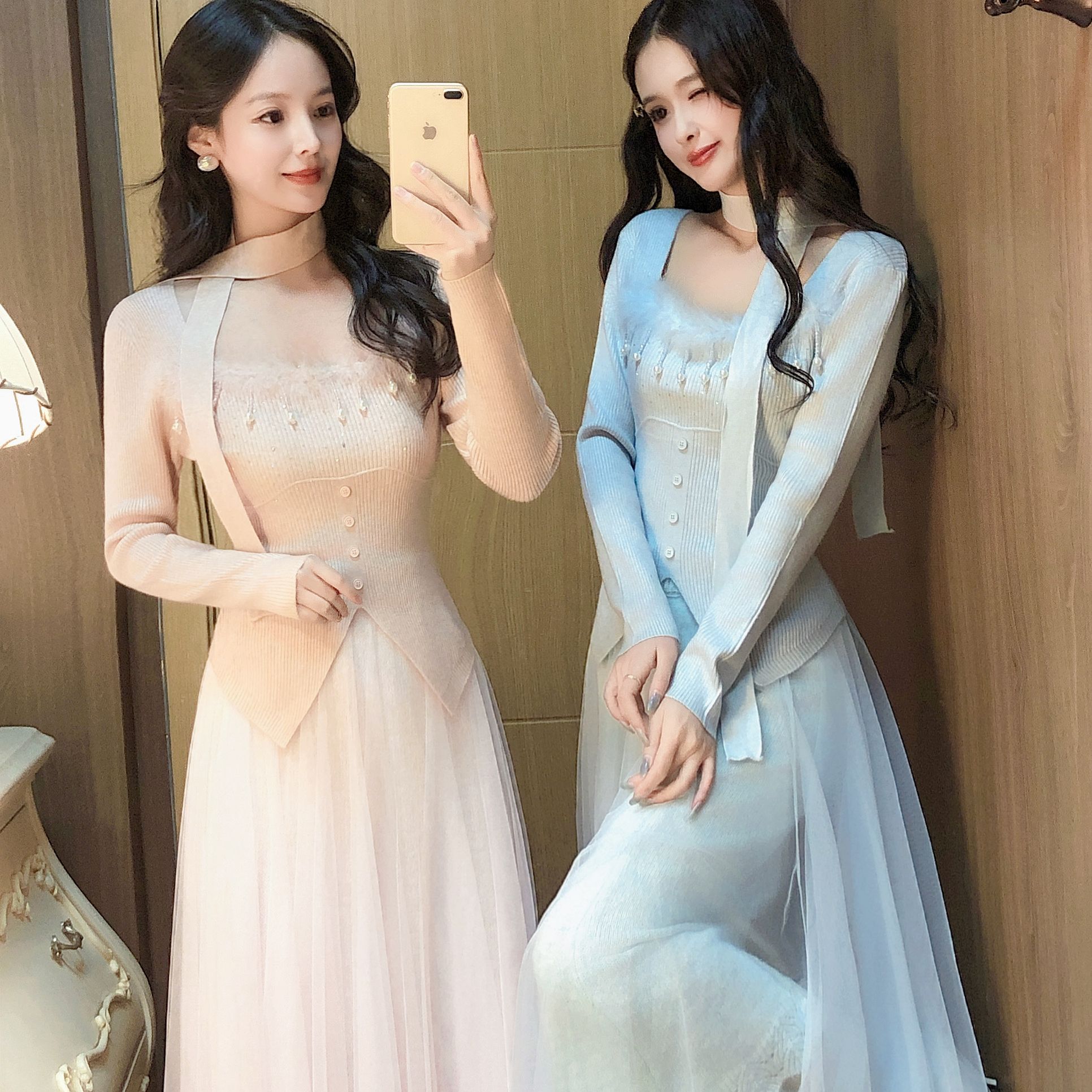 艾日秀设计感挂脖羽毛珍珠装饰收腰上衣小众修身长袖内搭女G0982