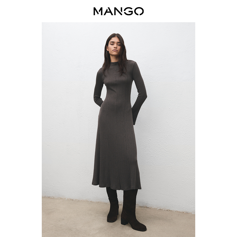 MANGO女装连衣裙2025冬装新款复古细针织喇叭袖内搭A字连衣裙