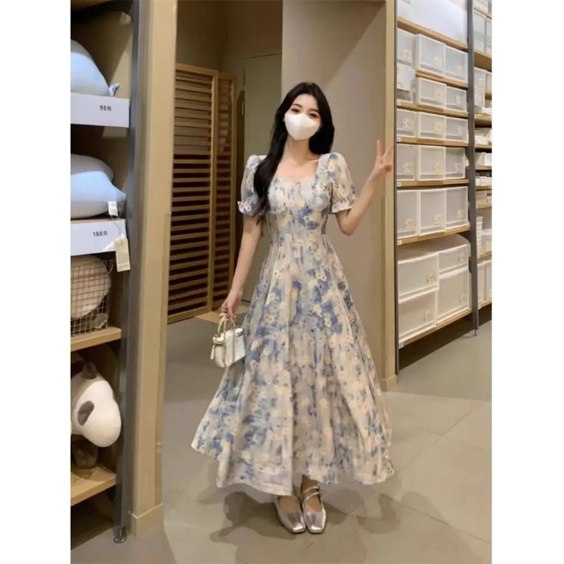 SS120-300斤大码女装胖妹妹蓝色油画方领显瘦遮肉连衣裙2025夏新