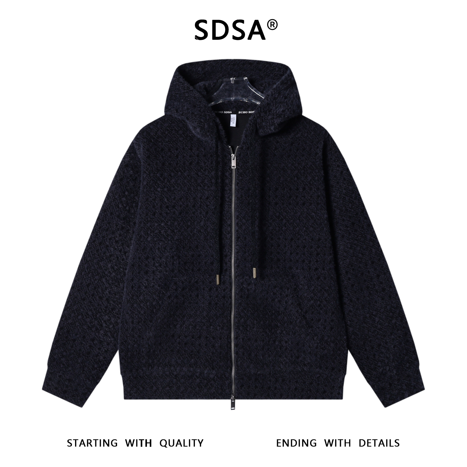 SDSA秋冬新款痞帅男装潮牌抽象绒毛拉链连帽卫衣百搭时尚开衫外套