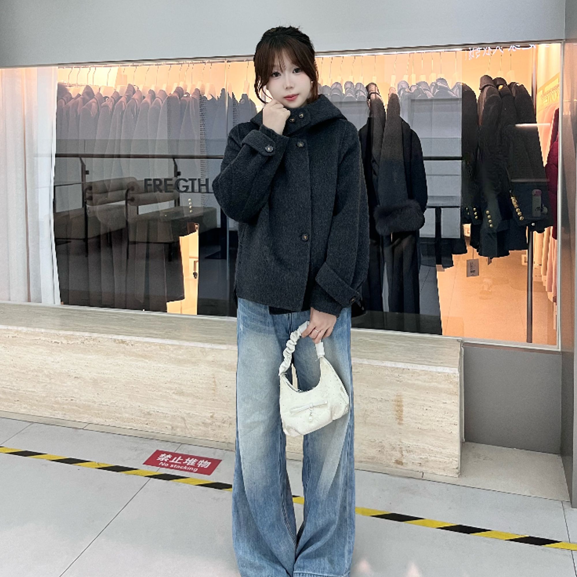 秋冬100%绵羊毛时尚休闲韩版连帽毛呢外套女24011