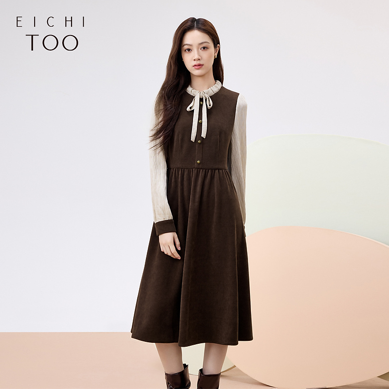 A爱居兔复古圆领裙子2024年冬季新款假两件长袖连衣裙EQLCJ4P009A