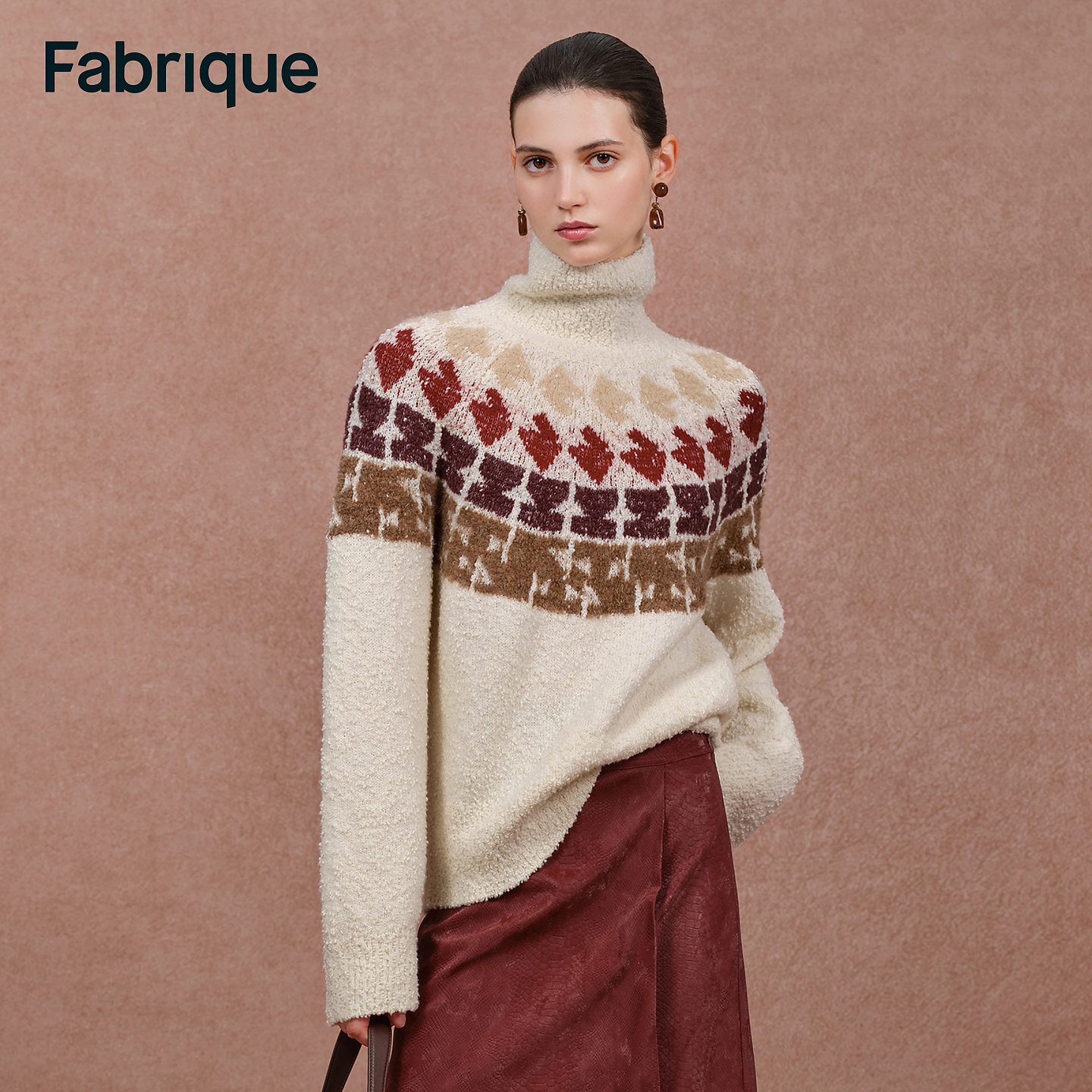 Fabrique Krasner秋冬新品奶油白羊驼毛绵羊毛高领费尔岛针织毛衣