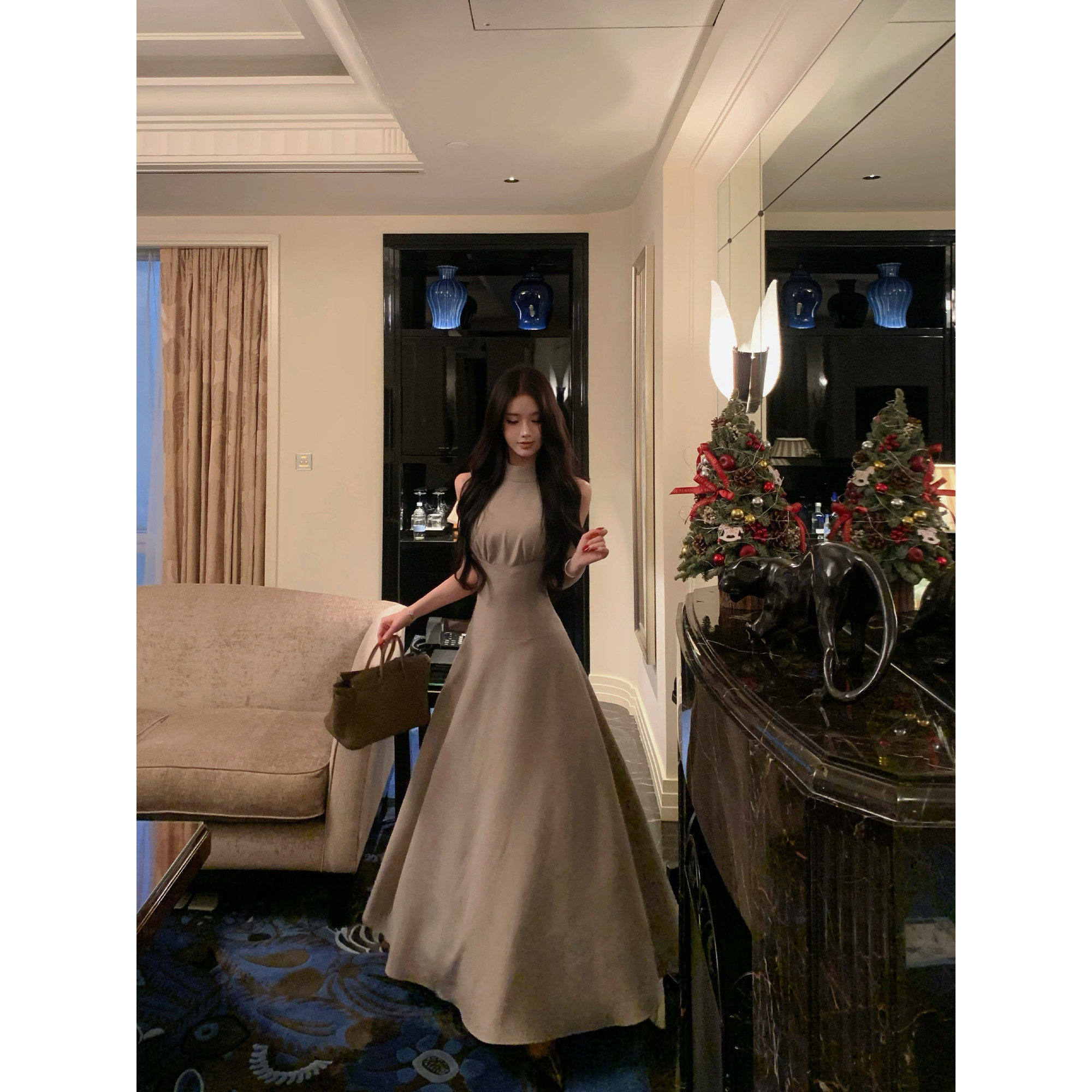 JAYKY YANG【迷雾丁香】无袖小立领连衣裙撞色单排扣杂花面料长裙