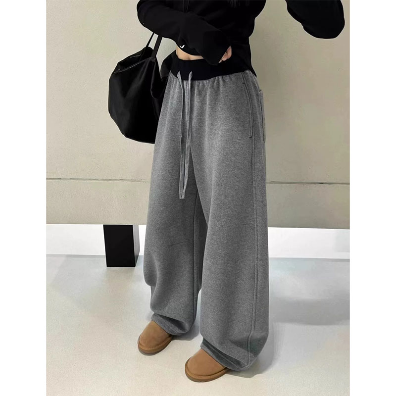 秋冬季高级感拼色抽绳加绒运动裤女宽松显瘦卫裤休闲遮肉阔腿裤