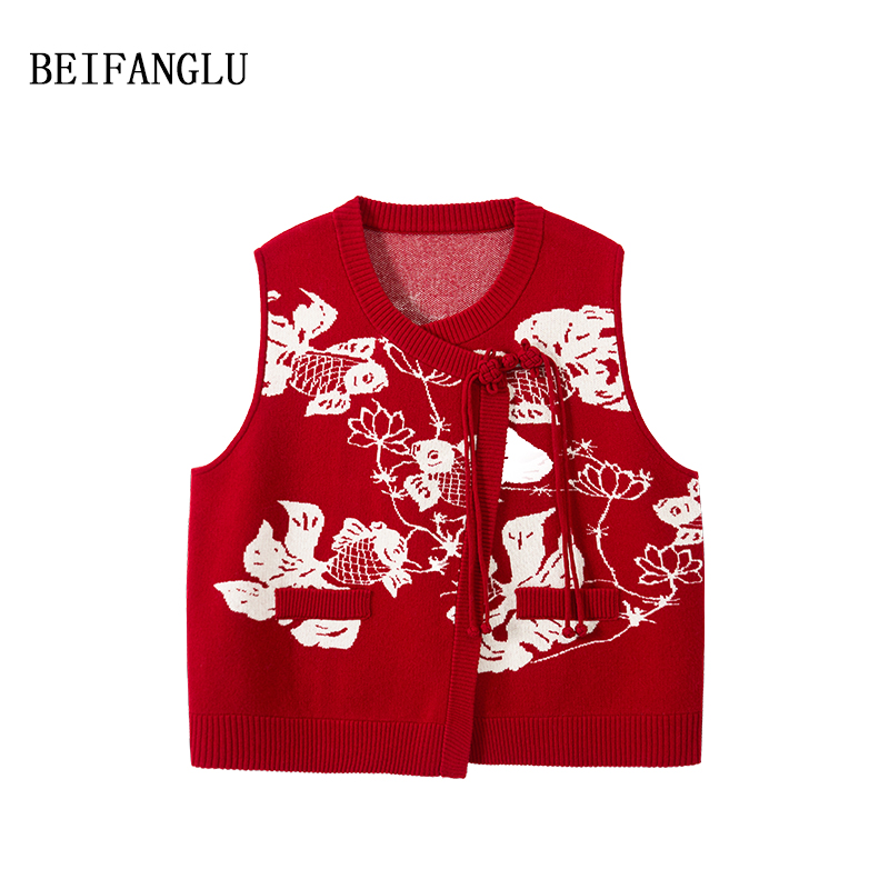 北方鹿【元旦年货节】100%绵羊毛新中式锦鲤提花盘扣针织马甲251470