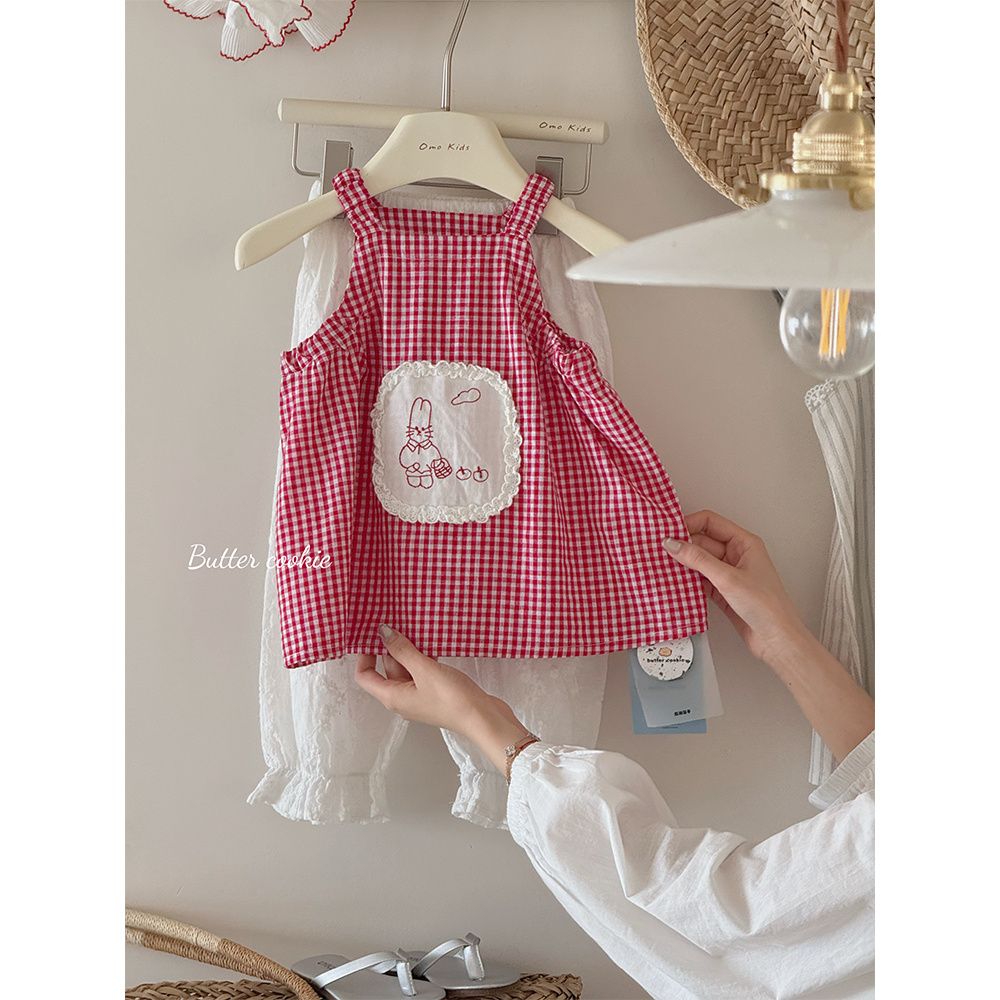 SY-68007-儿童时尚洋气百搭刺绣贴布红格娃娃衫（夏款）