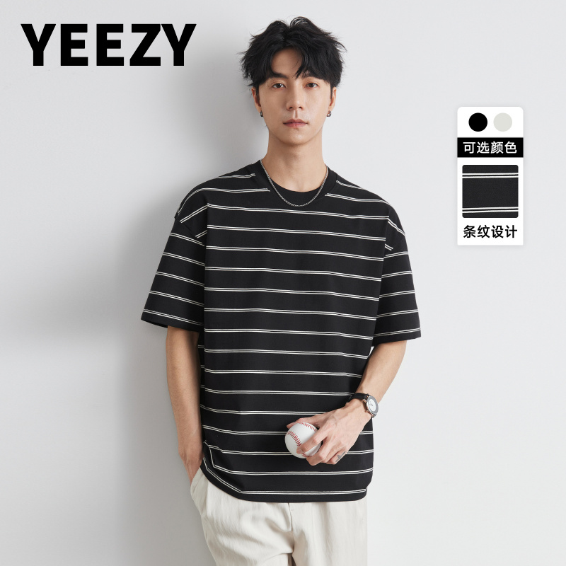 YEEZY男装时尚条纹短袖t恤男春夏季2025新款美式潮牌宽松圆领半袖