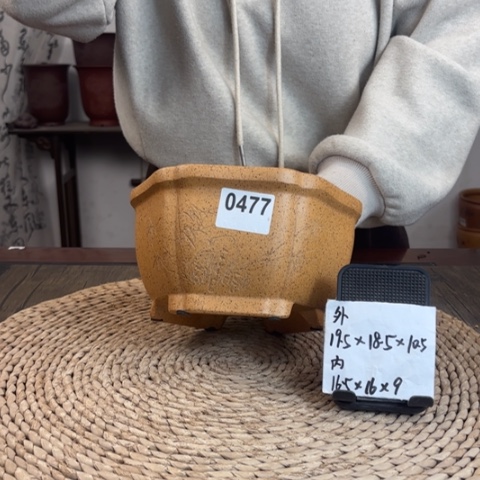 紫砂花盆柴烧竹刻南瓜六方0477