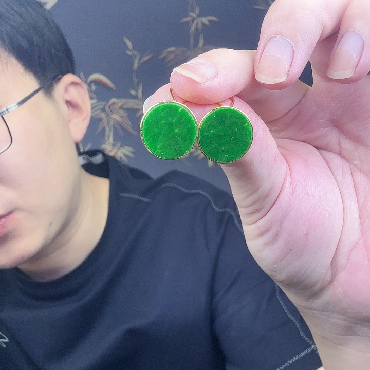 翡翠耳饰银S925镶嵌特价 有石纹 晶体多 微瑕