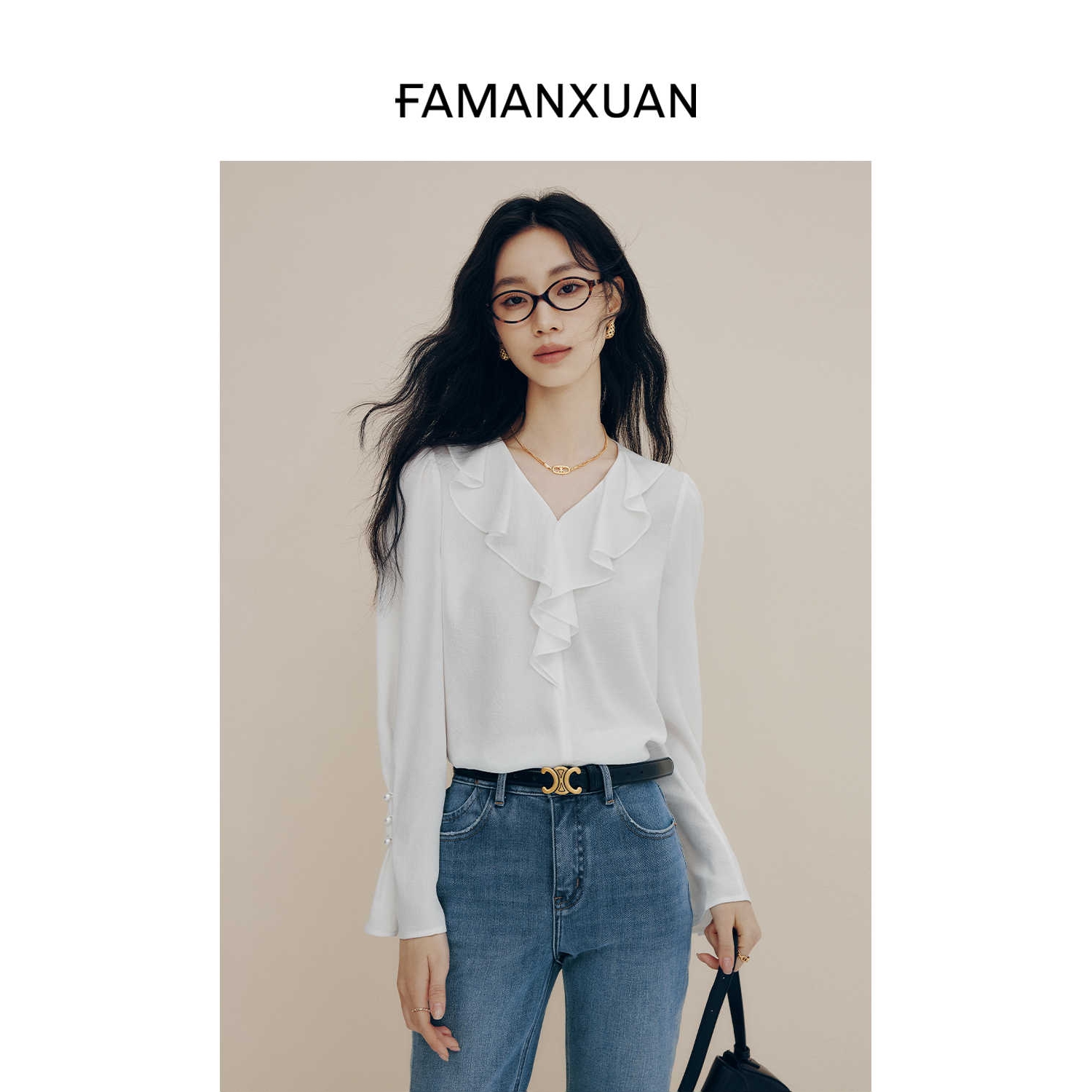 【千颂妮专享】法曼萱法式荷叶边白色衬衫女2025年春季上衣
