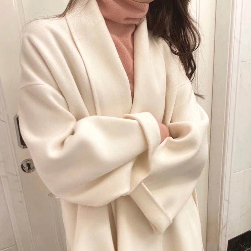 米白色大翻领双面羊绒大衣女短款小个子2025年新款浴袍款毛呢外套