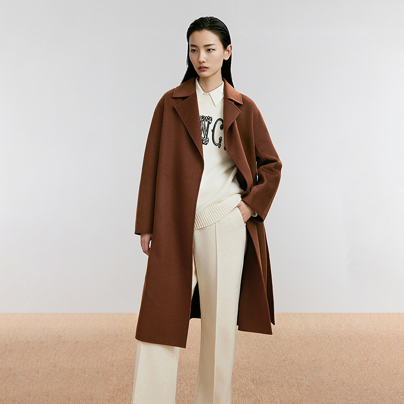 朗姿/LANCY 冬新款纯羊毛系带中长款简约风大衣女气质毛呢外套LCF