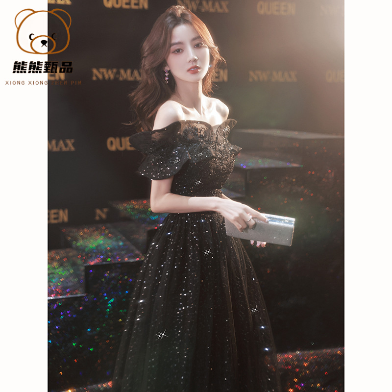 宴会法式晚礼服裙双12新款轻奢小众气质黑色一字肩主持人艺考礼by