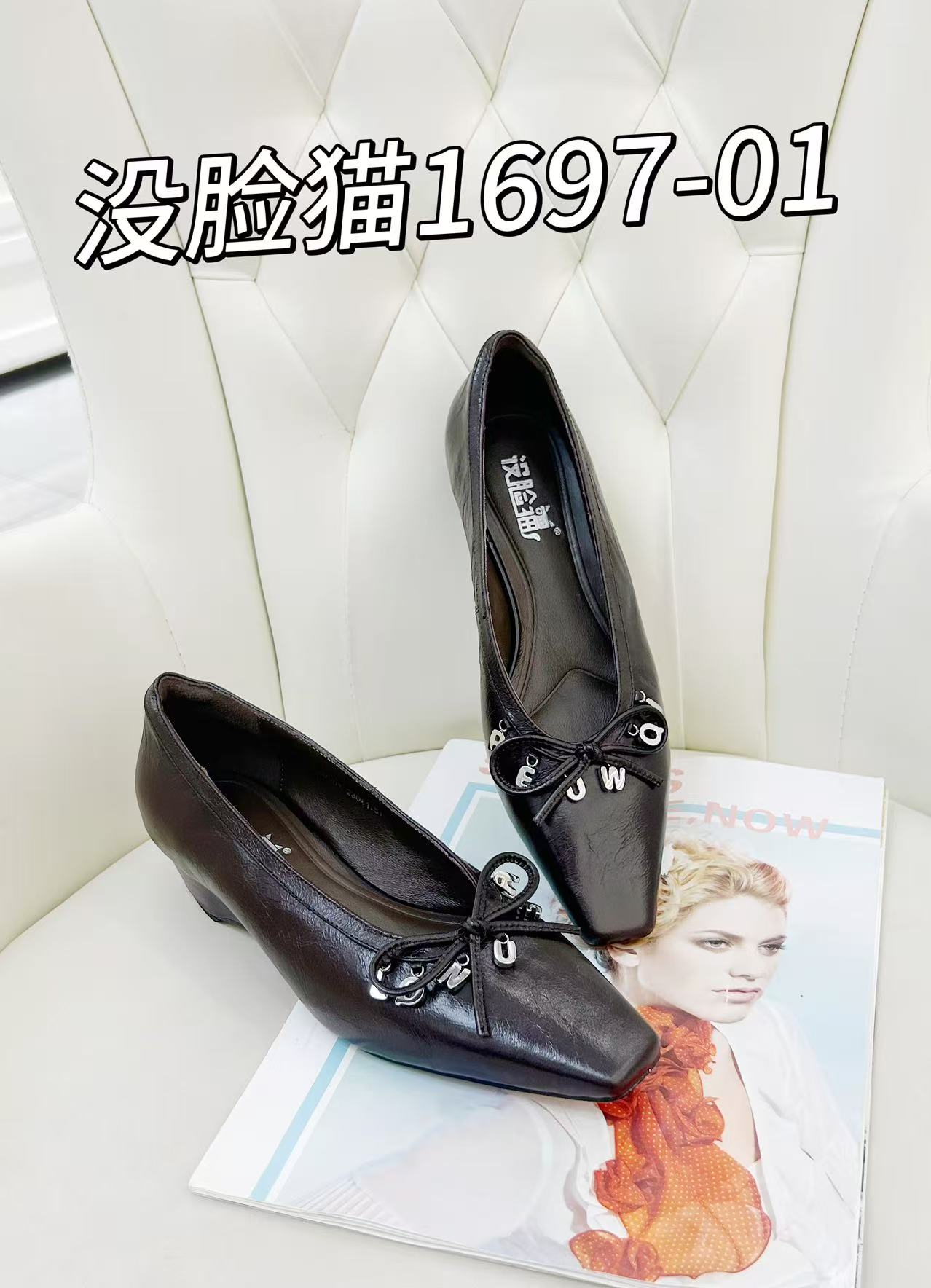 没脸猫2025女士秋季蝴蝶结浅口粗跟方头百搭低跟时尚单鞋1697-01