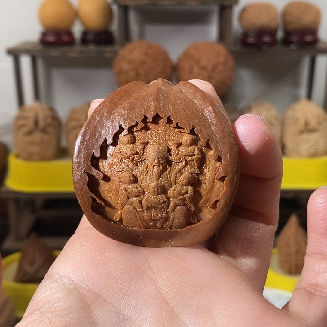 吊坠文玩核桃橄榄三面精雕财神46
