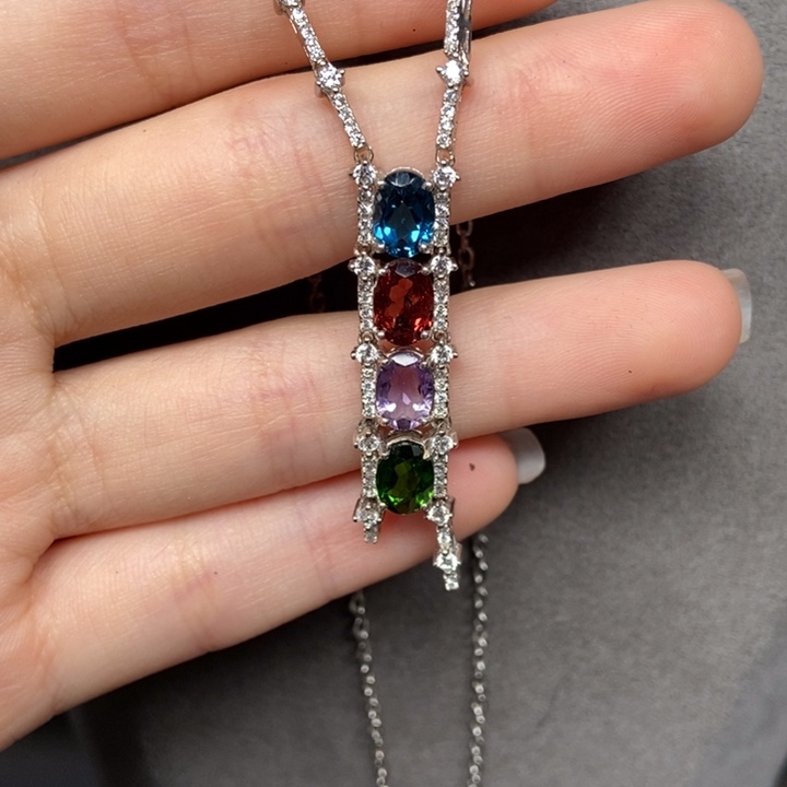 颈饰托帕石银S925镶嵌多宝项链 透辉 石榴 