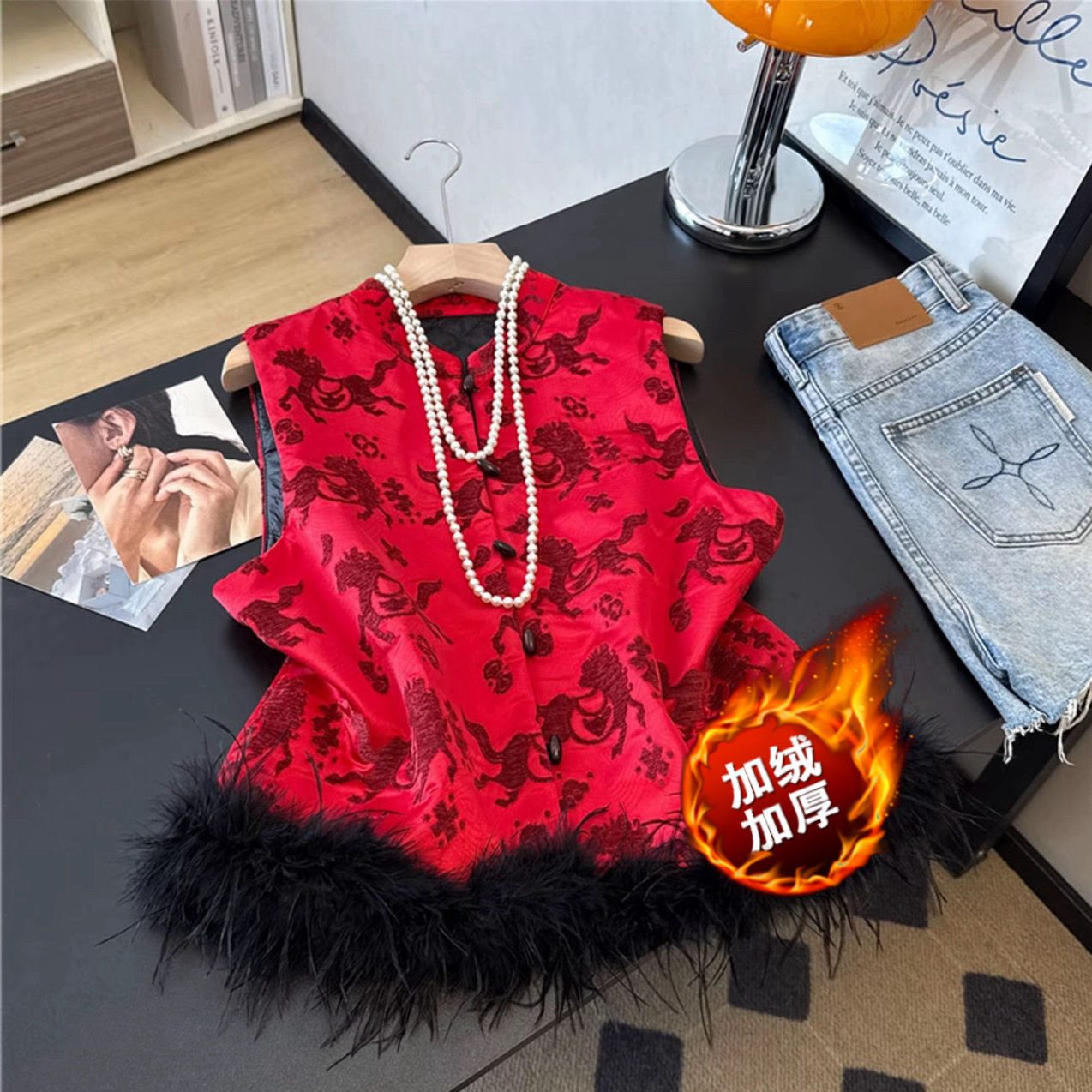 【加棉】2025新中式马甲女厚款国风百搭马夹加厚加绒红色宽松外穿女