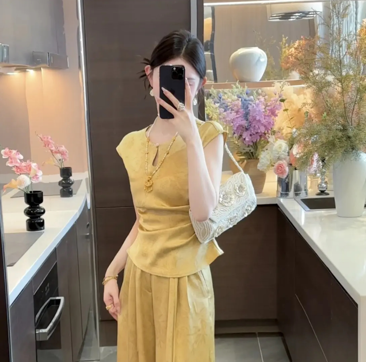 周粥女装铭顺-【金竹】夏季缎面提花气质修身上衣裤子JJC5TZ9699