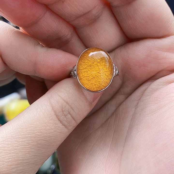 琥珀裸石银S925镶嵌戒指