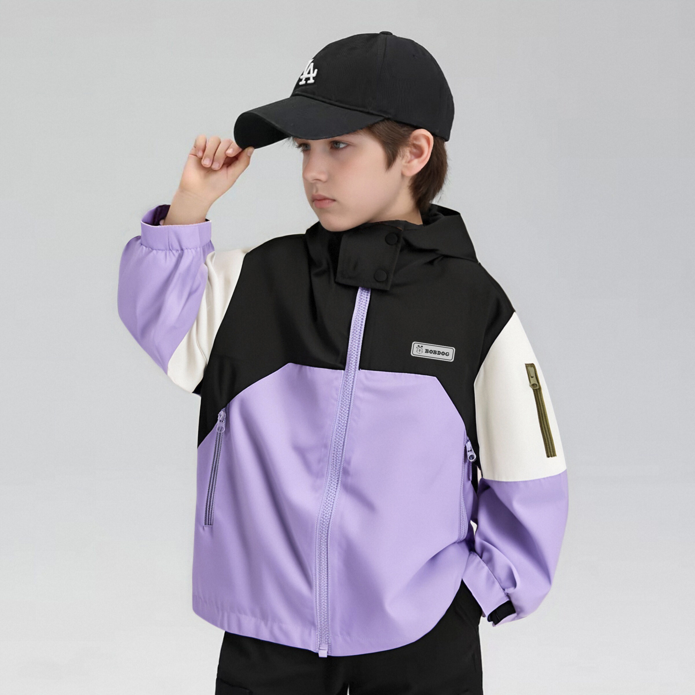 巴布豆秋季新款男女儿童撞色冲锋衣外套-Y