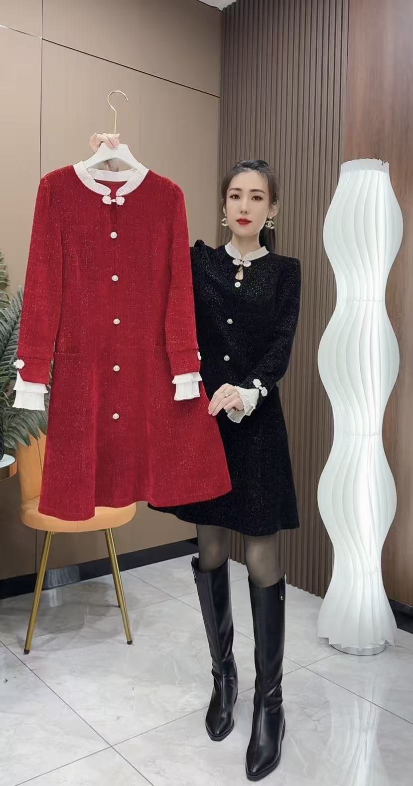 国风中式连衣裙长袖拼接一粒扣单排扣小香风加厚气质显瘦