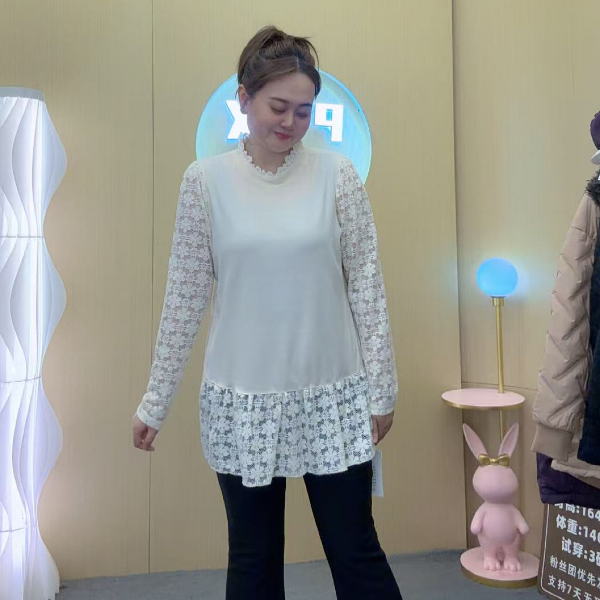 半高领拼蕾丝T恤衫女秋冬大码胖MM打底衫中长款网纱洋气上衣