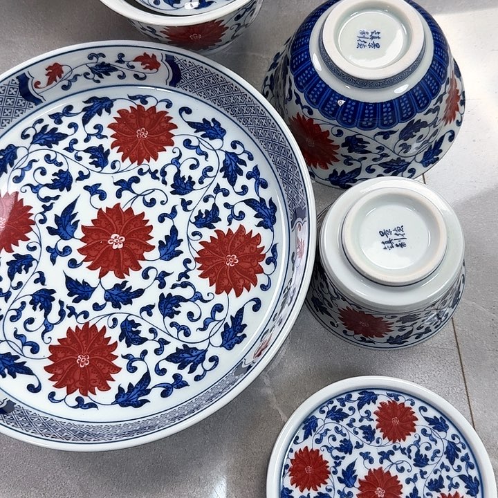 瓷片釉里红缠枝莲5件套景德镇