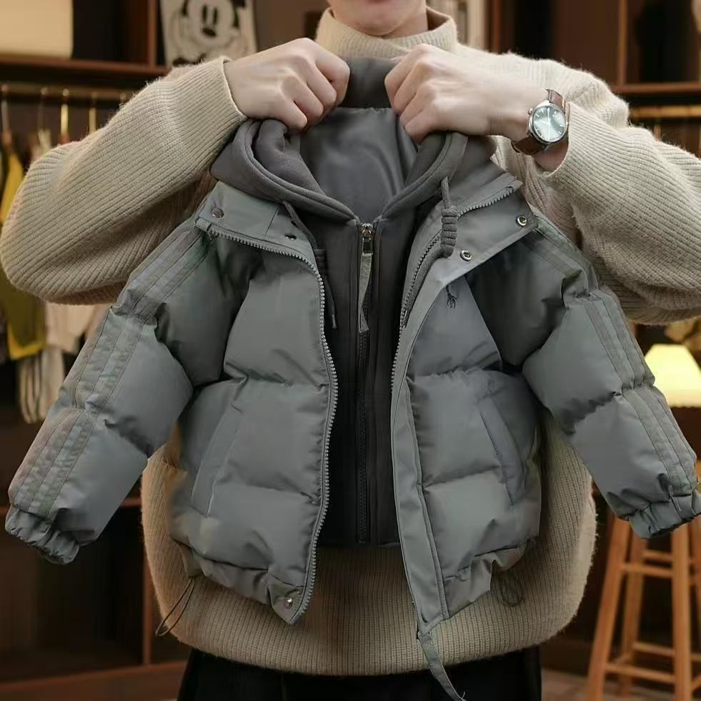 儿童韩版棉服2025冬季新款男童宝宝加厚美式连帽假两件时髦上衣潮