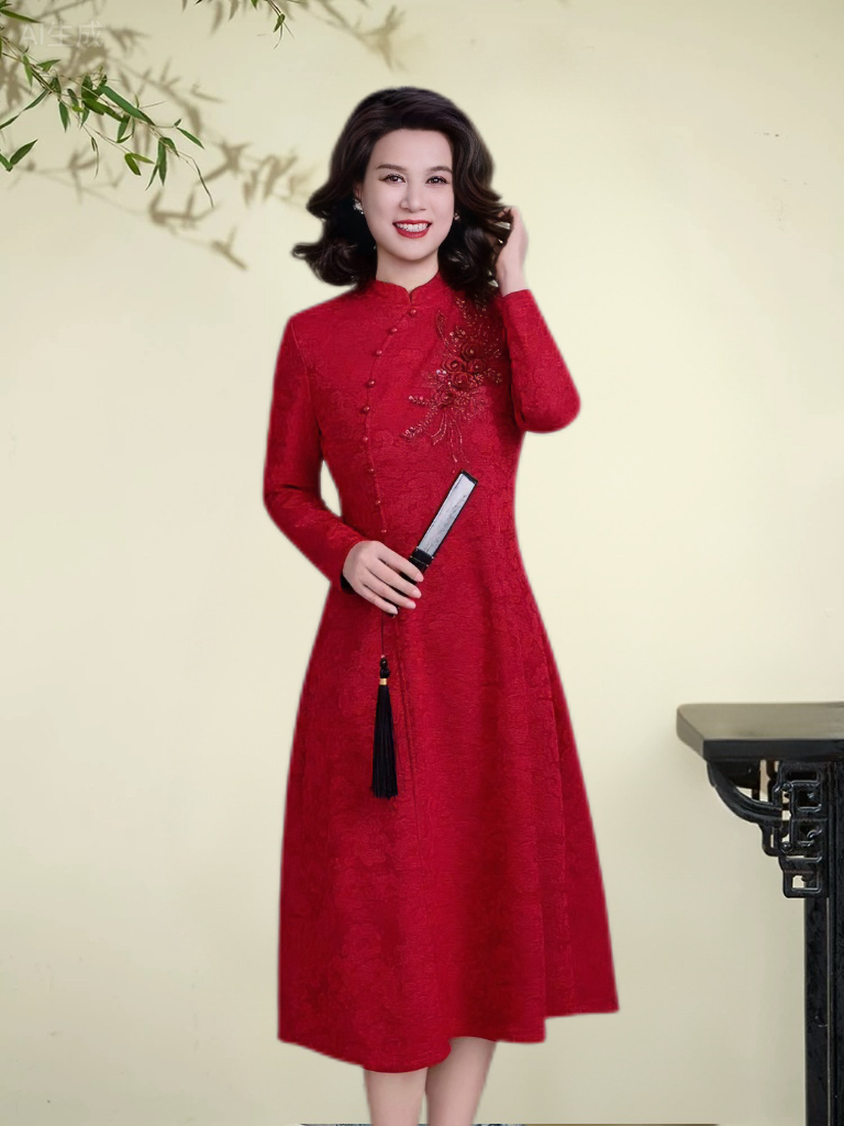 斜襟扣一朵花新中式国风妈妈装1新款旗袍连衣裙中长款中式旗袍裙