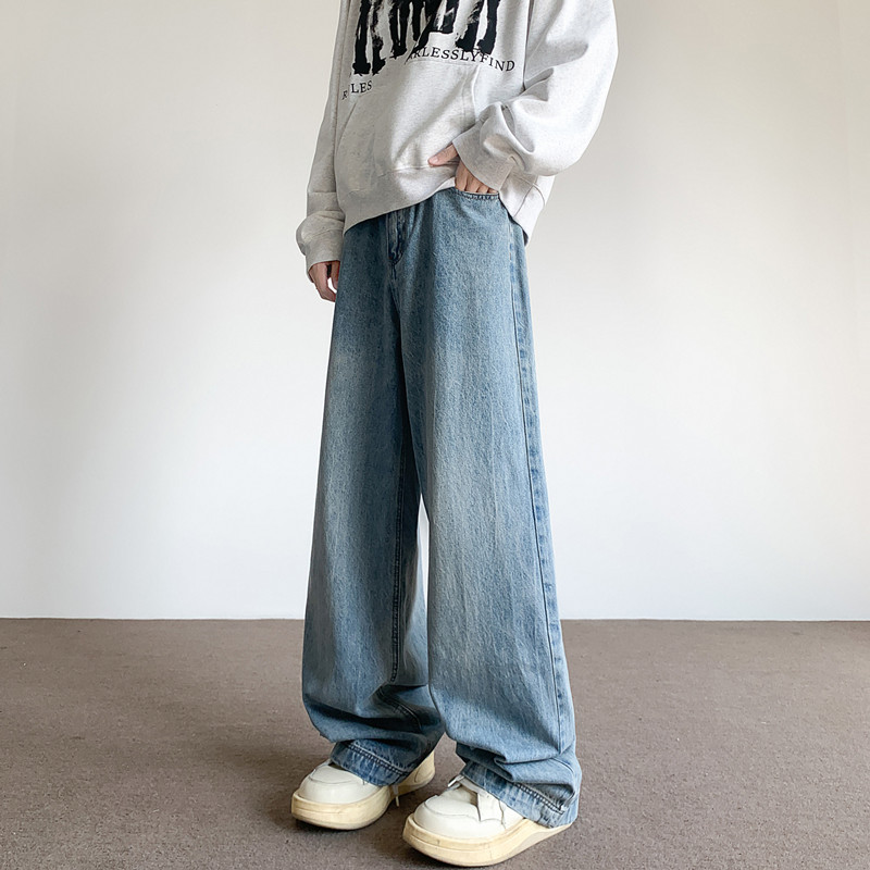 春秋高盎司复古水洗cleanfit宽松A字直筒牛仔裤男女同款长裤子潮