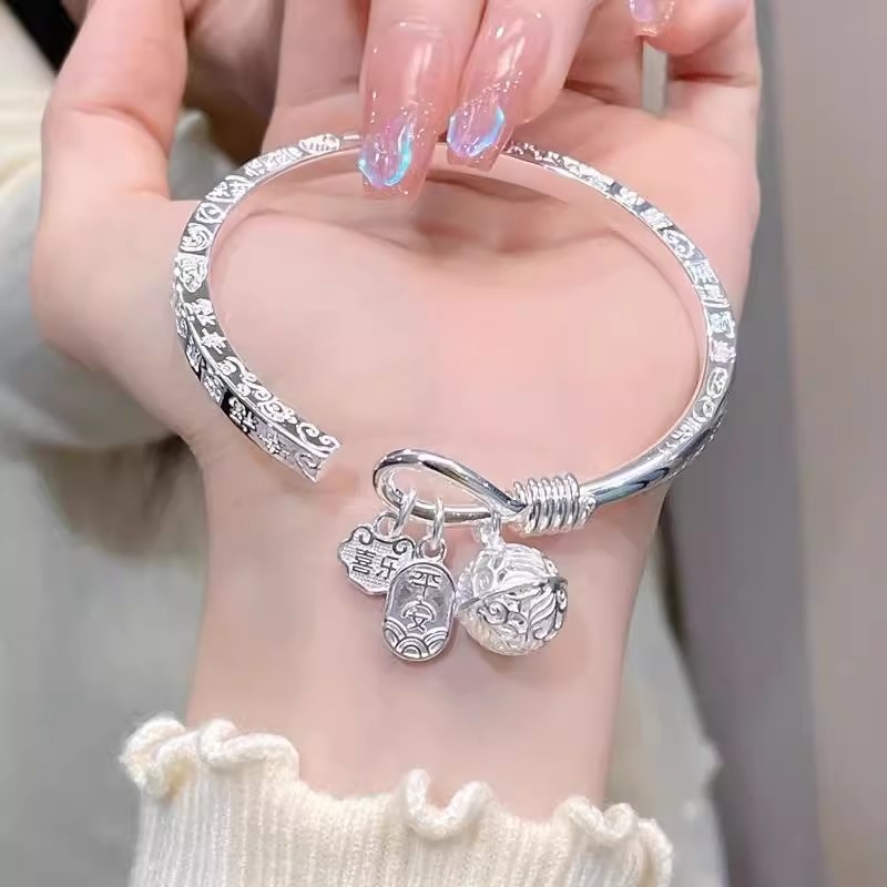 足银手镯 足银999平安福吉言手镯复古经典实心简约古风可调节送礼