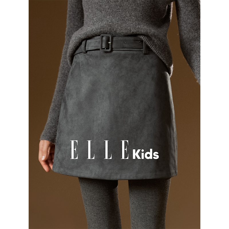 ELLE KIDS 童装“格雷女孩”仿麂皮米兰绒可脱卸腰带A字半身裙D2