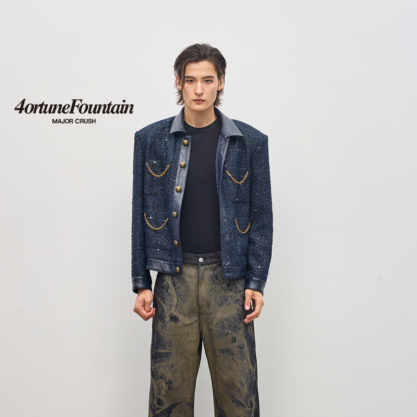 MAJOR CRUSH翻领秋冬季廓形版型深蓝色金链金纽扣男士夹克M0200