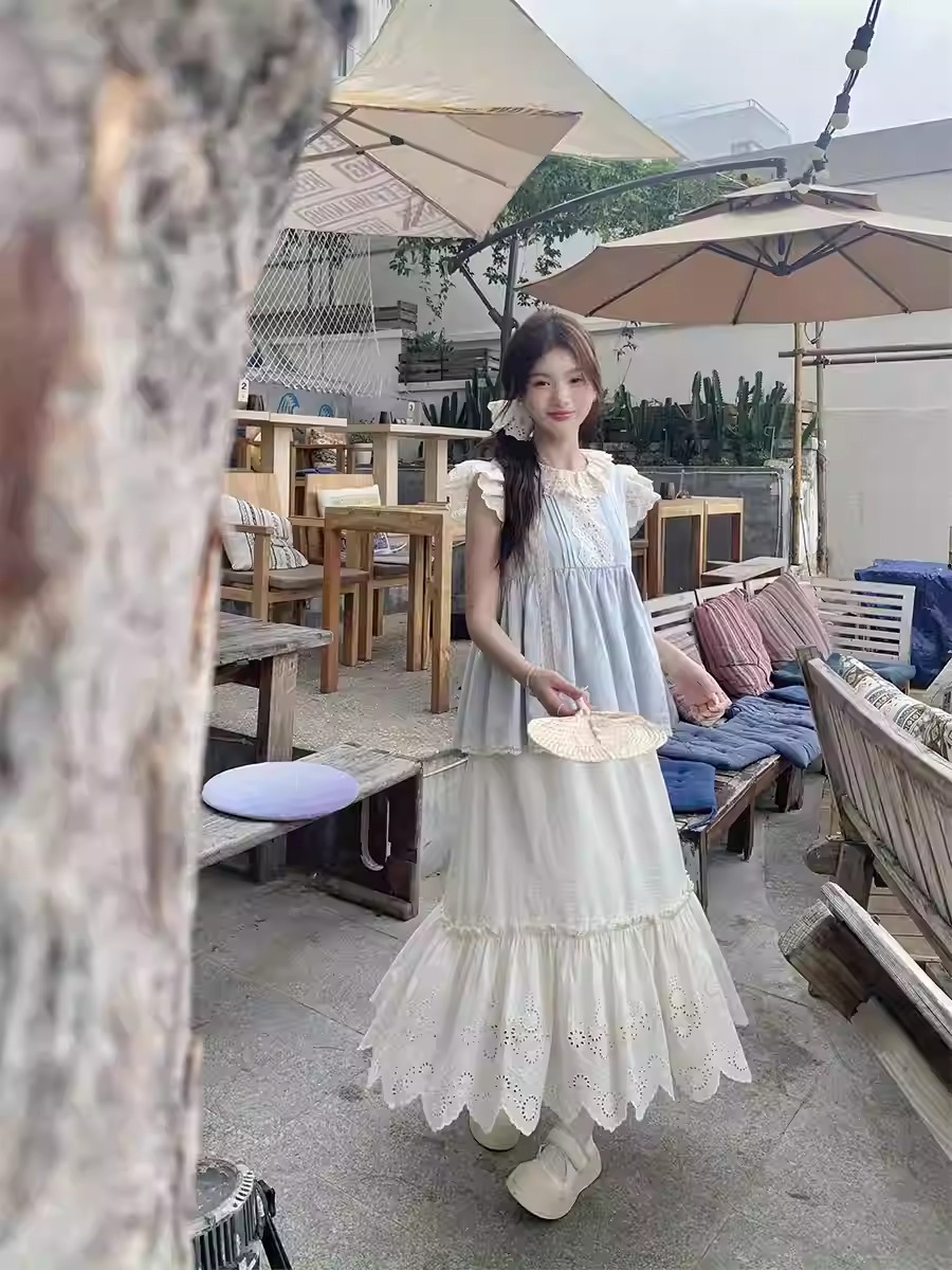 W瞌睡兔【清苍夏日甜茶】甜美飞袖小衫A字花边半身裙套装2894/2895