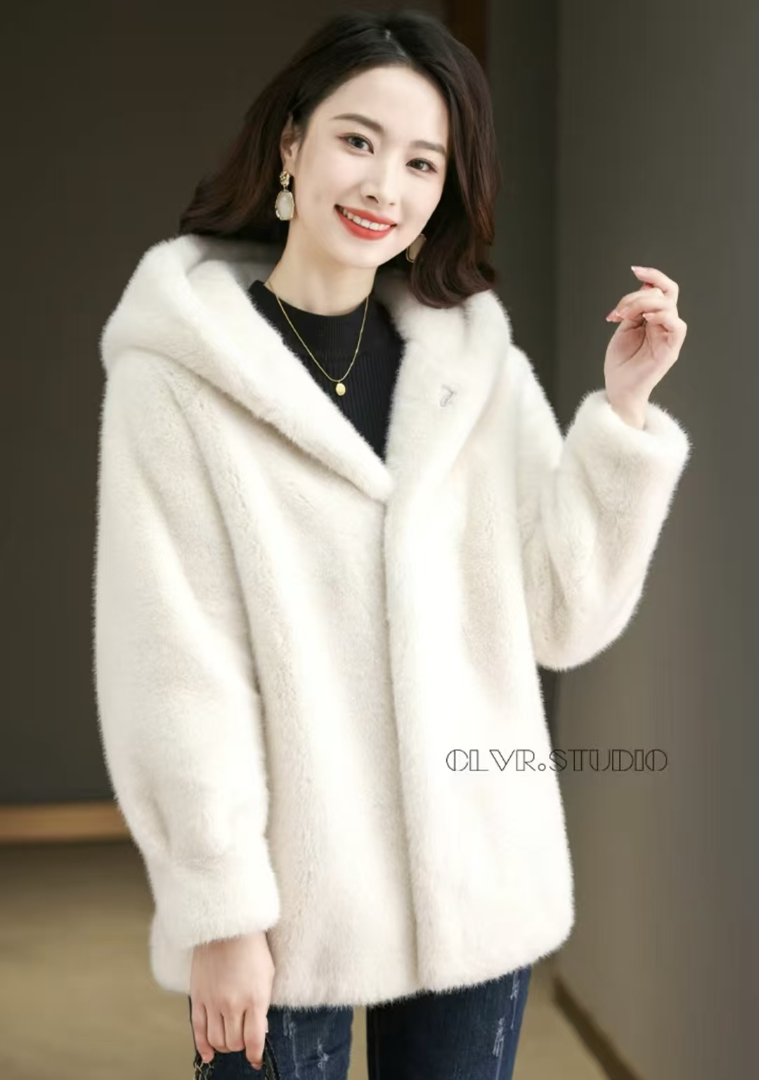 女长袖毛毛连帽外套洋气休闲宽松女士