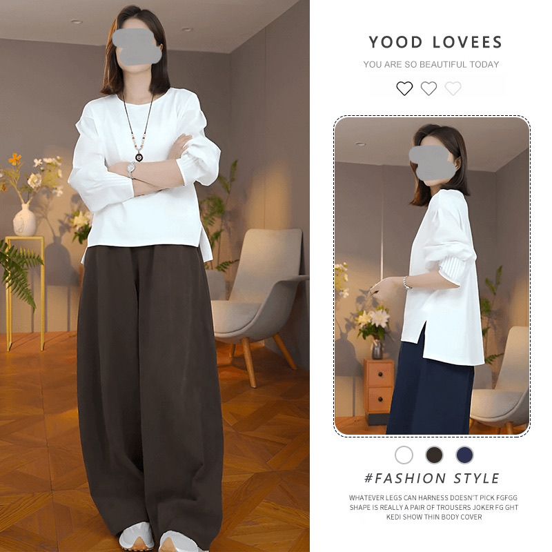 韩系松弛感休闲套装女春秋新款圆领设计感T恤上衣阔腿裤两件套装