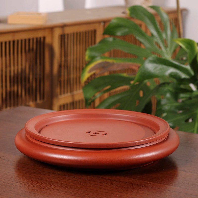 纯手工圆形紫砂茶盘潮州朱泥复古工夫茶具干湿泡台桌茶托盘大号