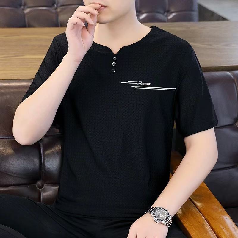 凉感V领纽扣纯色T恤