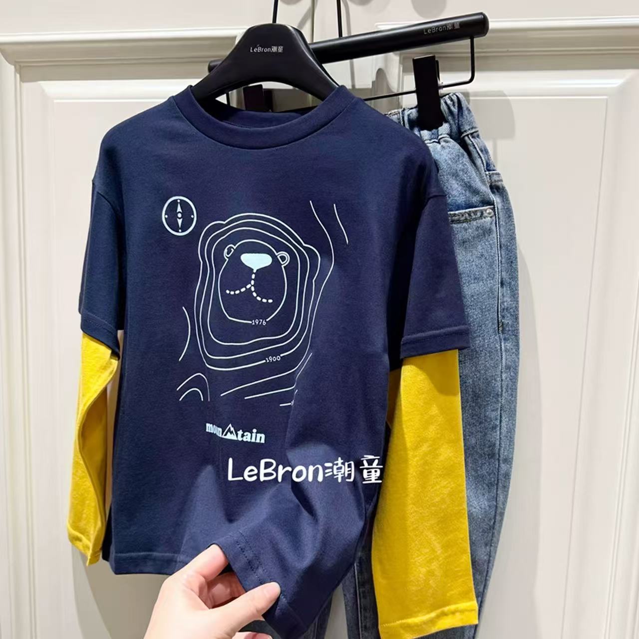 儿童男童秋季服装长袖童装中小童春秋圆领休闲假两件T恤上衣撞色