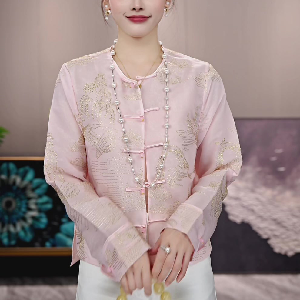 新中式休闲气质圆领长袖百搭复古国风显瘦桑蚕丝薄款刺绣女士上衣