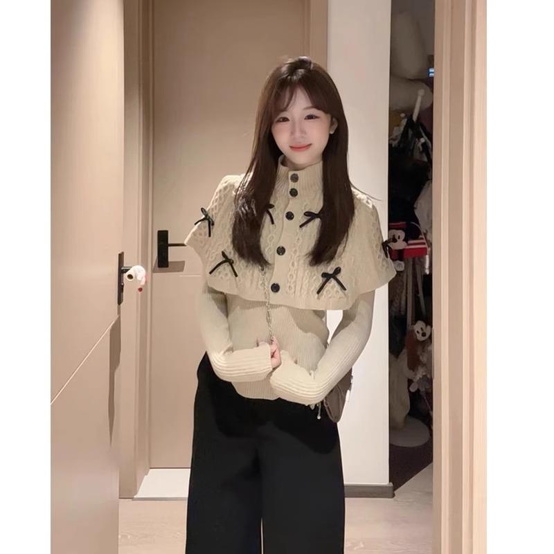 蝴蝶结针织衫小众叠穿披肩斗蓬上衣法式独特绝美设计感毛衣W1-34
