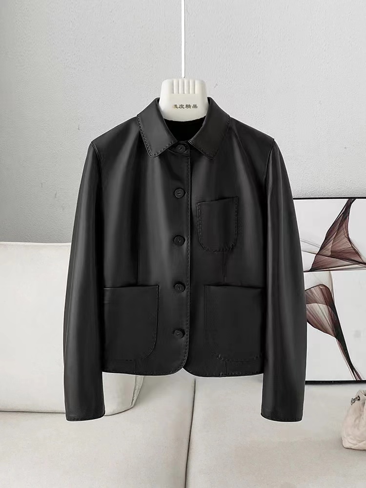 恭针春秋翻领宽松厚款皮衣潮流短款简约时尚春季气质百搭修身