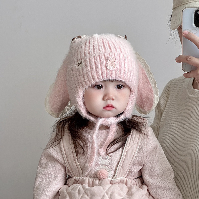 宝宝帽子冬天毛绒帽可爱韩版兔耳朵婴幼儿针织护耳帽加厚保暖可爱
