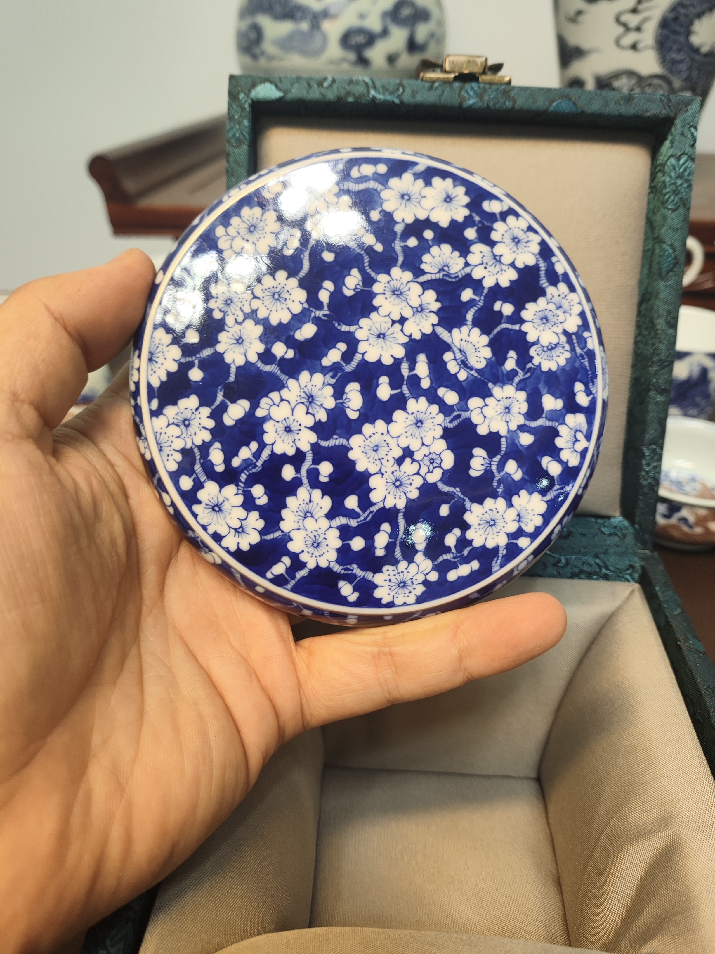 景德镇手绘窑口冰梅盖置手工杯子蓝色陶瓷花色花纹家用青花青花瓷