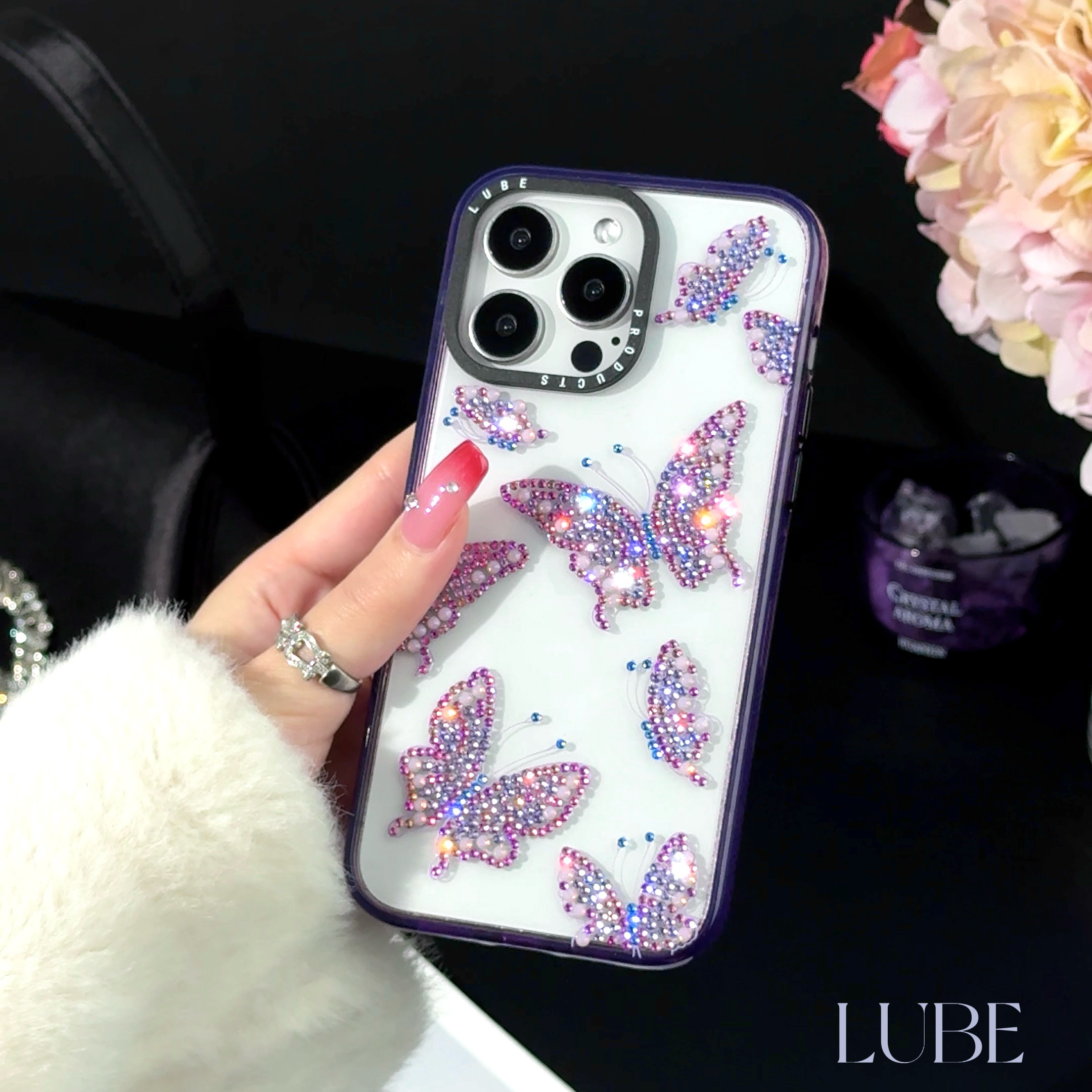 【紫蝶翩跹】歪歪高定手工钻磁吸手机壳适用于iPhone16promax/15/14