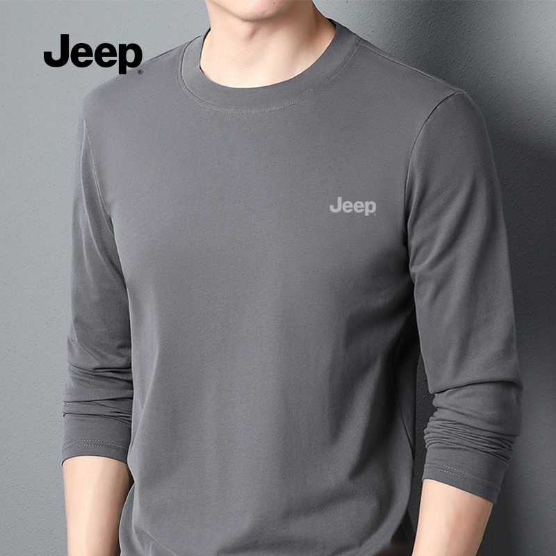 JEEP吉普高端复古长袖t恤男春季宽松新款纯棉硬汉亨利领春秋打底